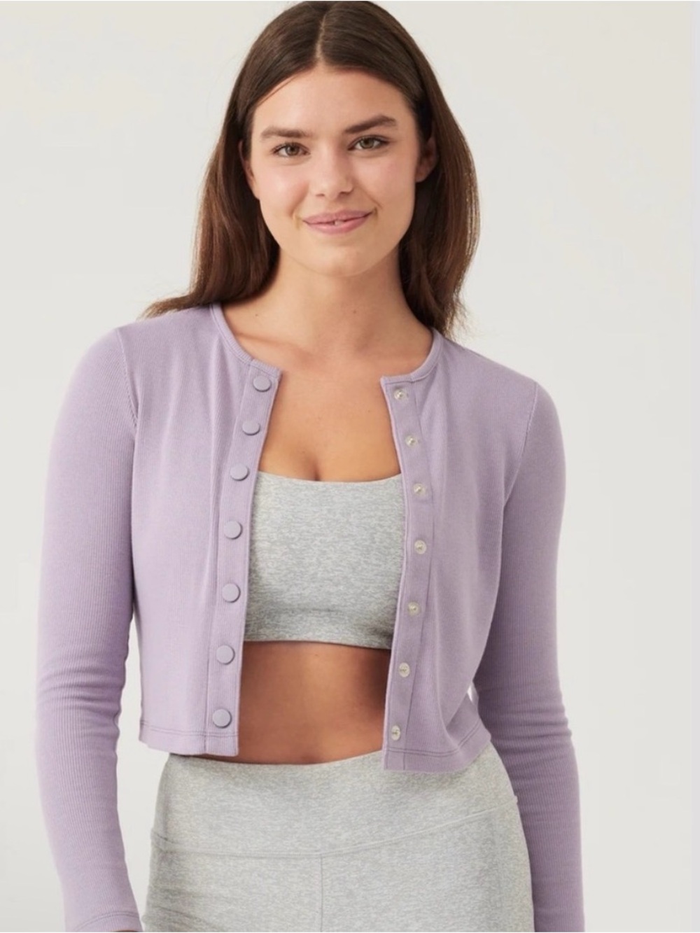 OUTDOOR VOICES Women's CozyRib Cropped Cardigan Small Grey Purple Sweater
